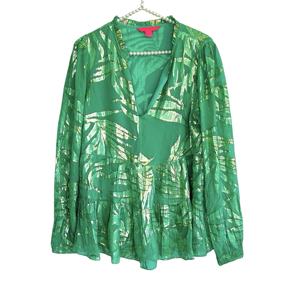 Lilly Pulitzer Sarita Silk Top 10 Boho Metallic Tropical Sheer Resort Green Gold